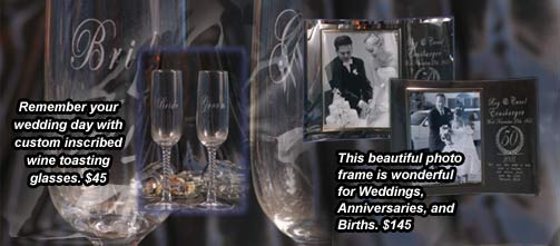 Glass picture frame and wine toasting glasses